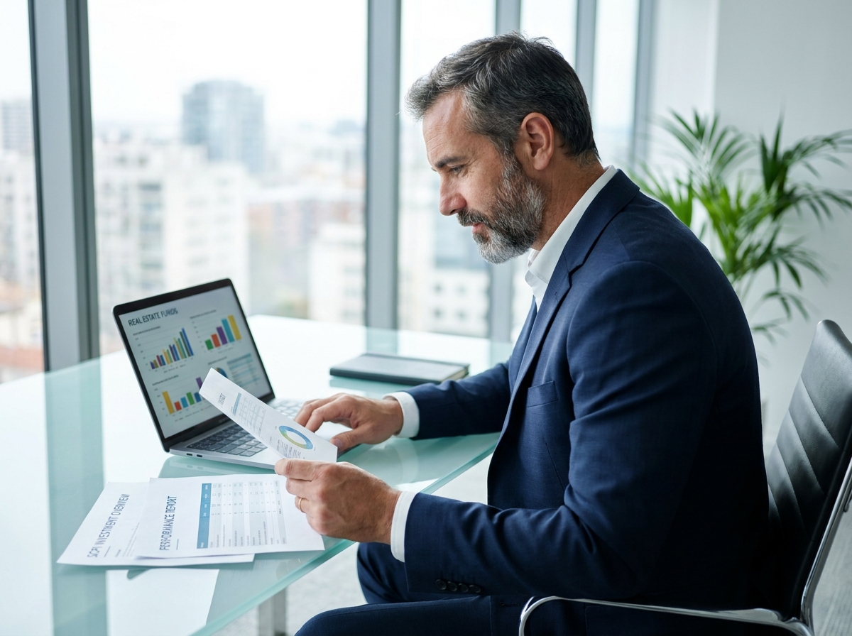 Conseiller financier analysant des documents de SCPI logistique dans un bureau moderne