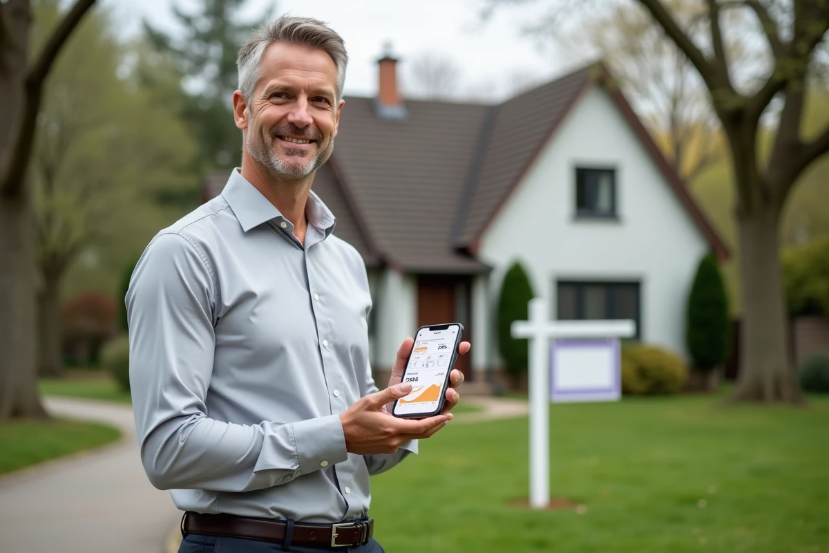 Conseiller immobilier masculin devant une maison à vendre utilisant une application d'estimation immobilière sur smartphone