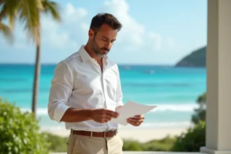 Conseiller immobilier examinant des documents d'investissement sur une terrasse avec vue sur le lagon de l'île Maurice