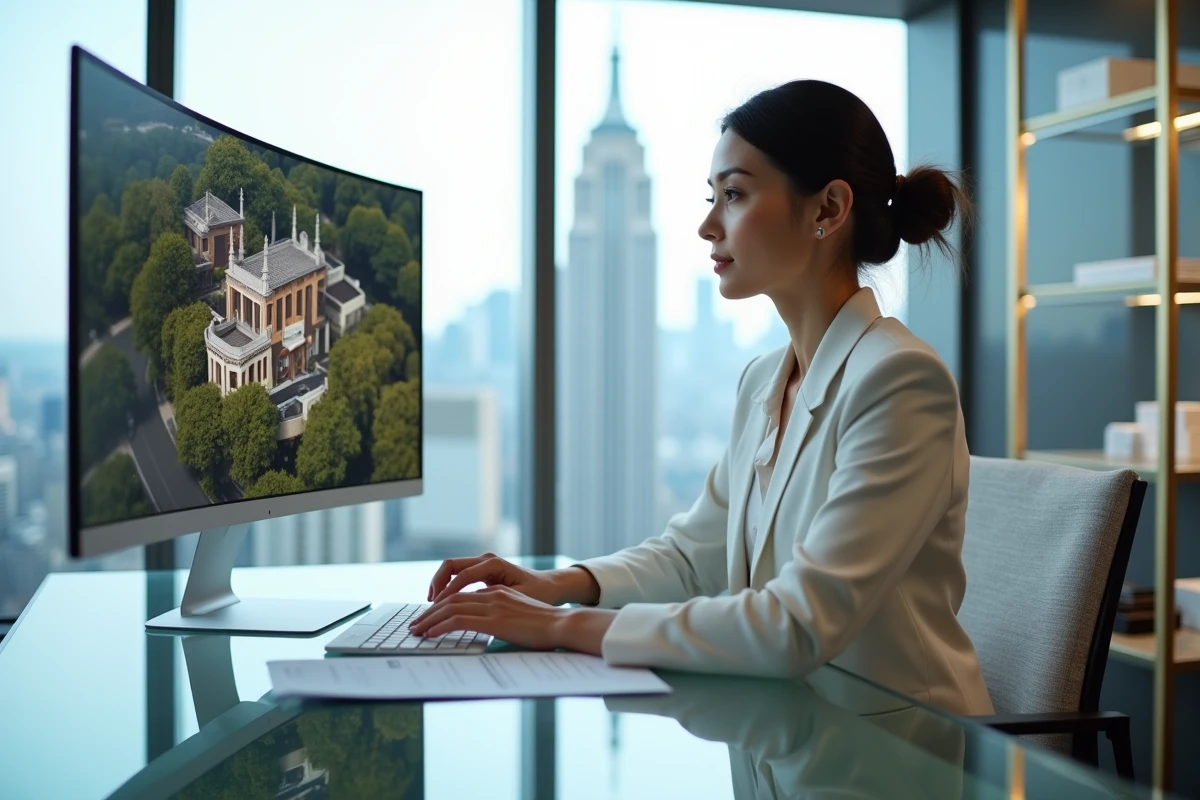 Conseillère immobilière analysant une estimation de bien de luxe sur écran dans une agence moderne avec vue sur la ville