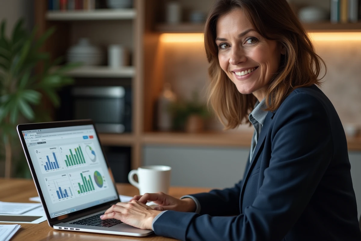 Consultante immobilière travaillant à domicile avec un logiciel immobilier sur ordinateur portable