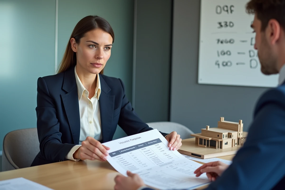Consultante immobilière présentant une comparaison de régimes TVA pour un achat de bien à un client en salle de réunion