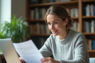 Femme consultant des documents de copropriété sur son ordinateur portable depuis son espace de travail à domicile