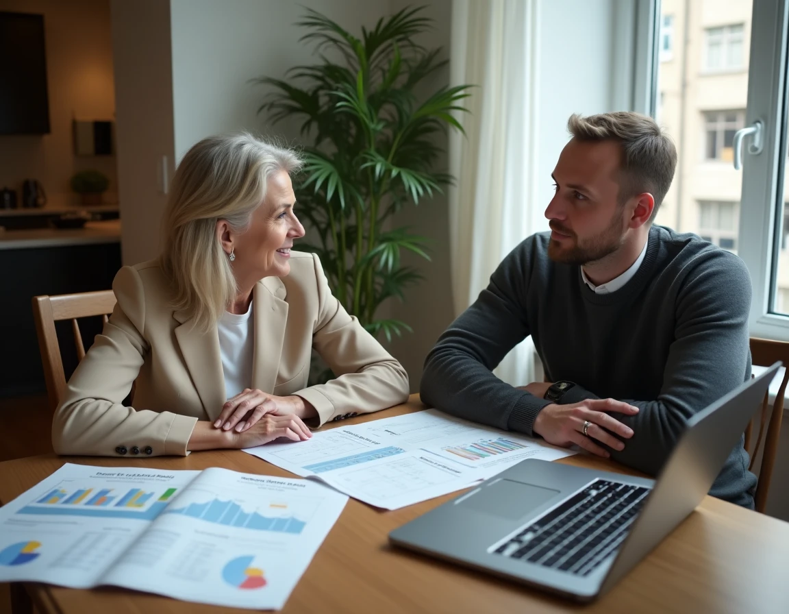Couple copropriétaires examinant ensemble des documents et relevés de copropriété sur table avec accès au compte en ligne MyFoncia