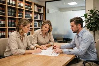 Un couple en discussion avec un agent immobilier dans un bureau de notaire moderne, examinant un contrat de location-vente en 2026