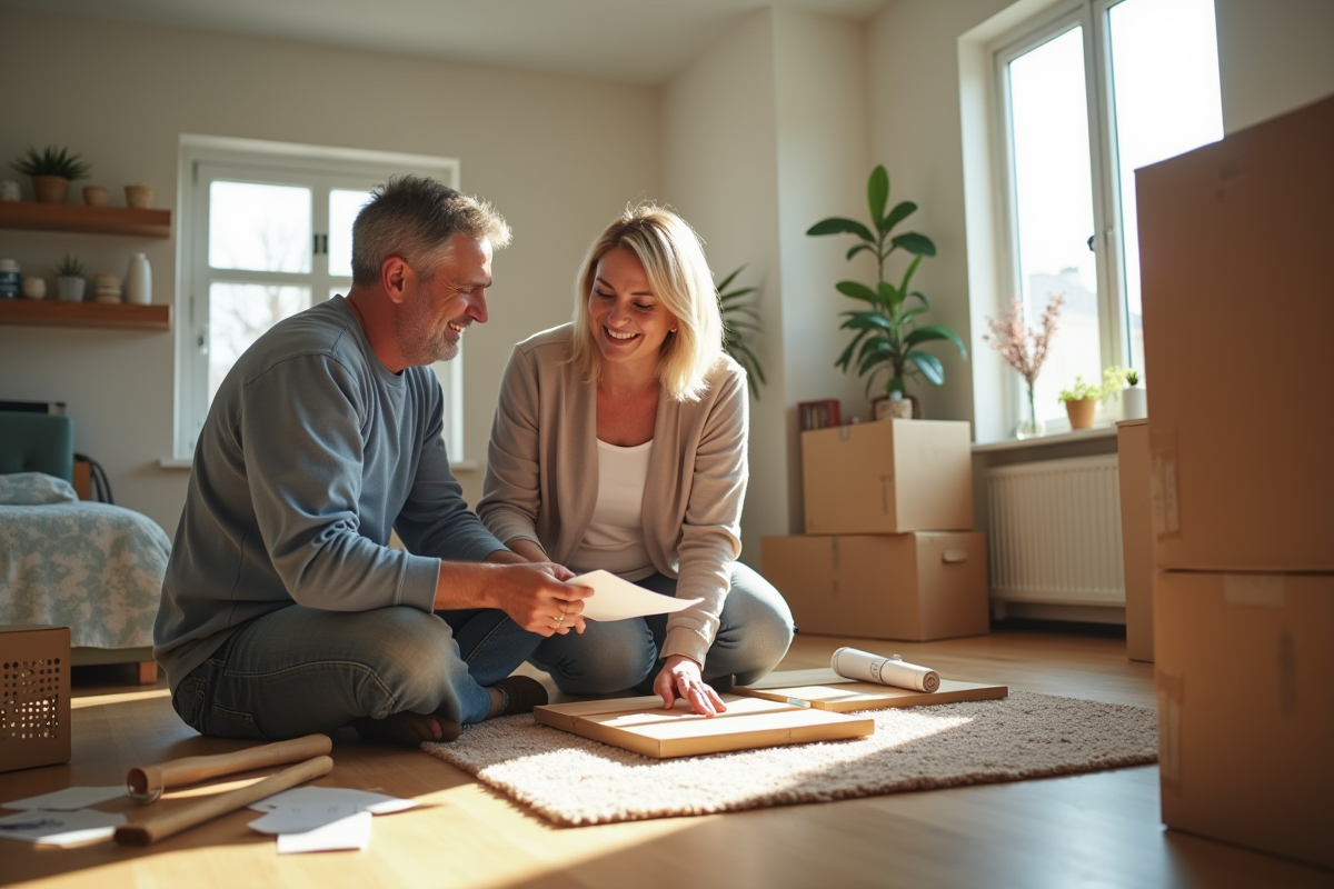 Un couple assemble une table dans un salon lumineux