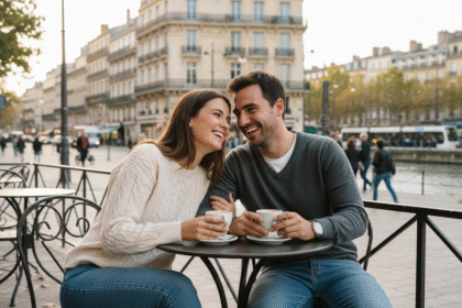Jeune couple souriant dans un café bordelais en extérieur