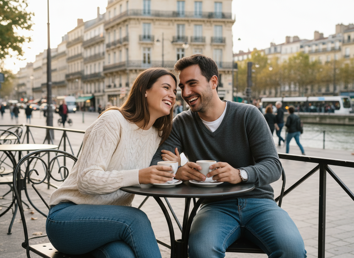 Jeune couple souriant dans un café bordelais en extérieur