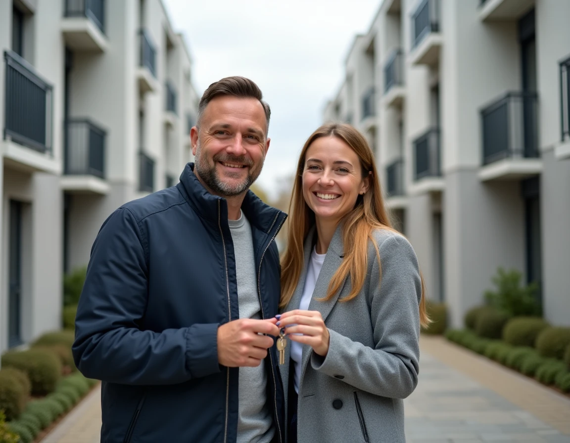 Couple tenant les clés de leur nouveau logement social Cileo devant leur immeuble