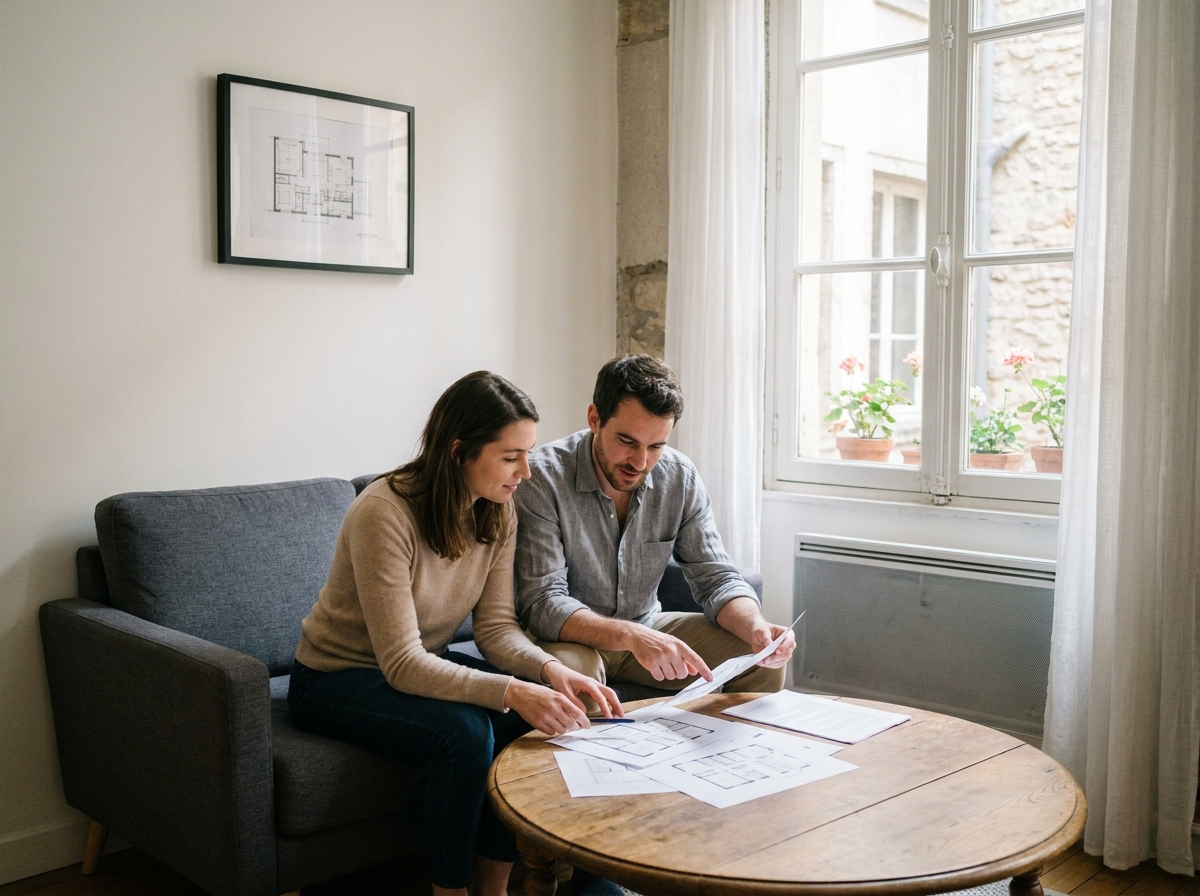 Couple comparant les prix d'un T2 et d'un T4 dans le même quartier lyonnais en étudiant des documents immobiliers