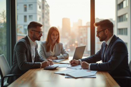 Couple avec banquier dans un bureau lumineux pour un prêt immobilier
