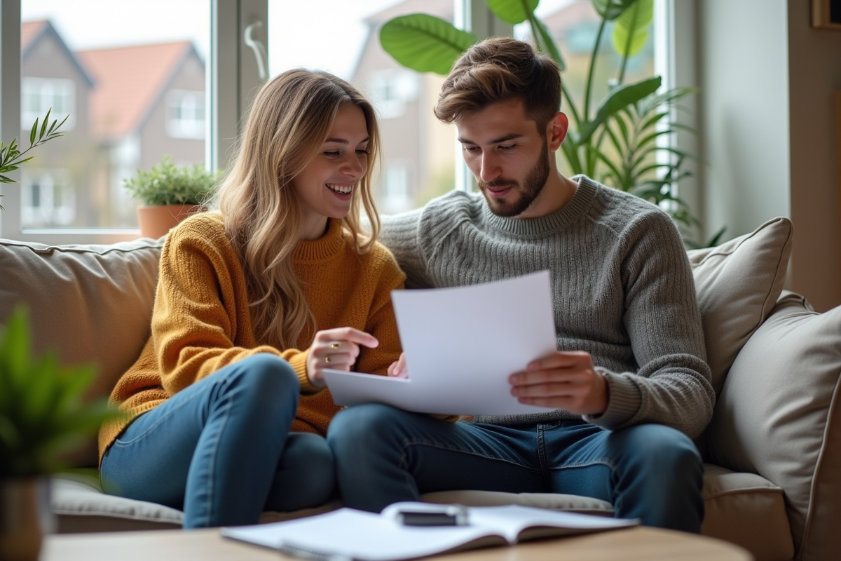 Jeune couple discutant de documents dans un salon lumineux