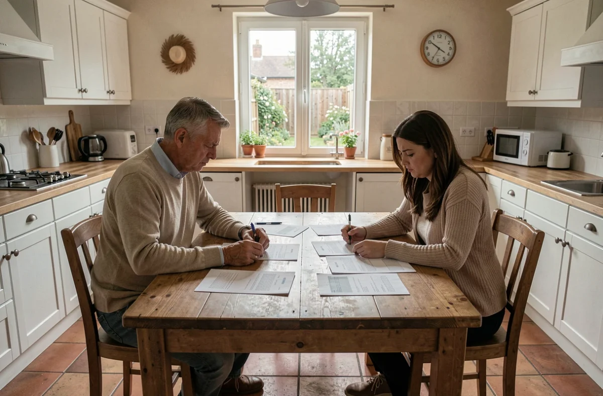 Couple en instance de divorce examinant des documents immobiliers dans une cuisine de maison à vendre en urgence
