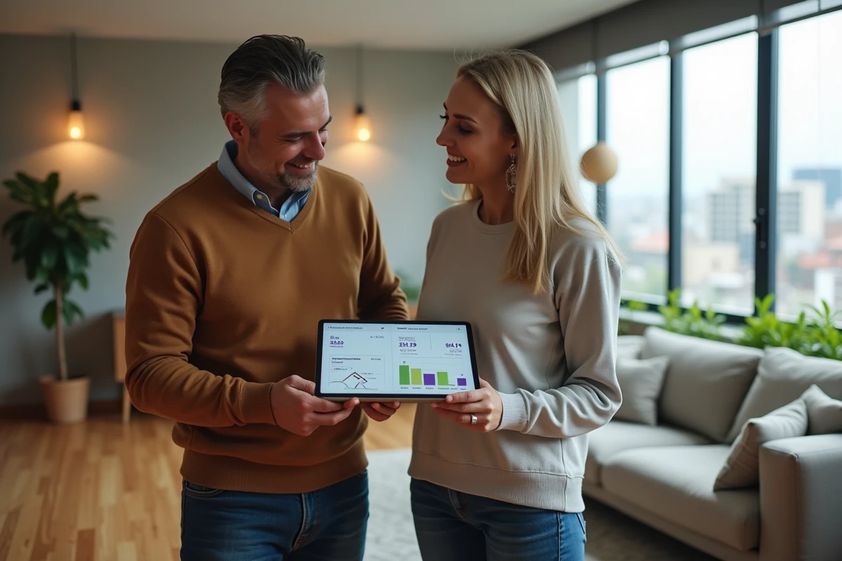 Couple consultant un logiciel d'estimation immobilière sur tablette dans leur appartement pour évaluer leur bien