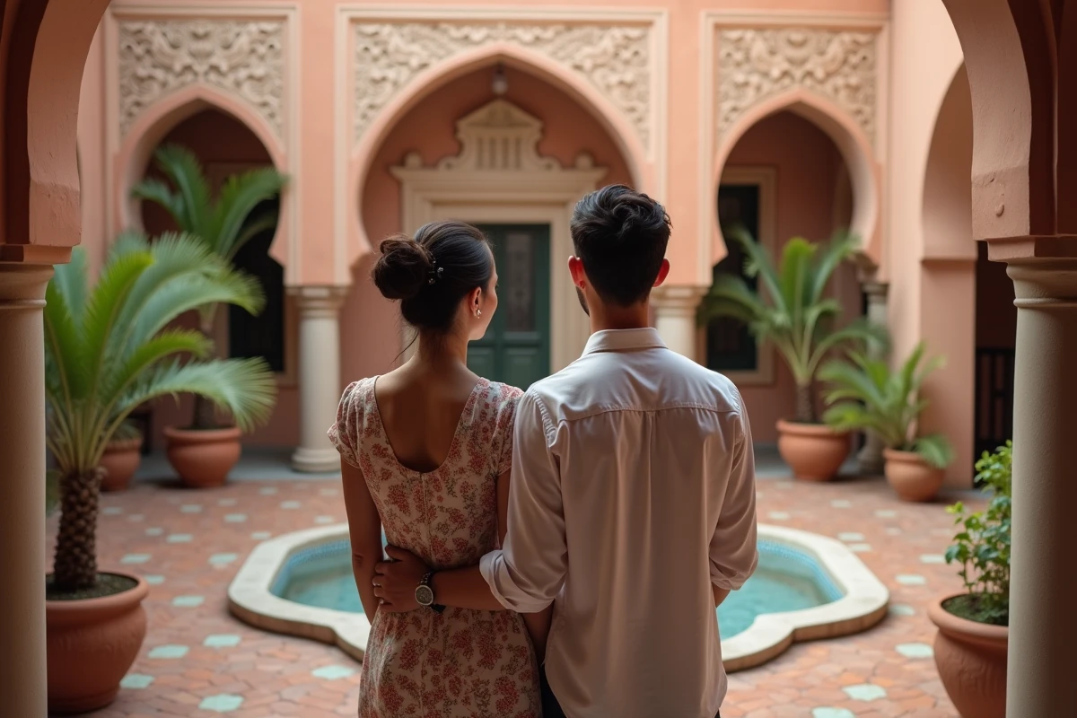 Couple visitant un riad traditionnel à vendre à Marrakech pour un investissement immobilier