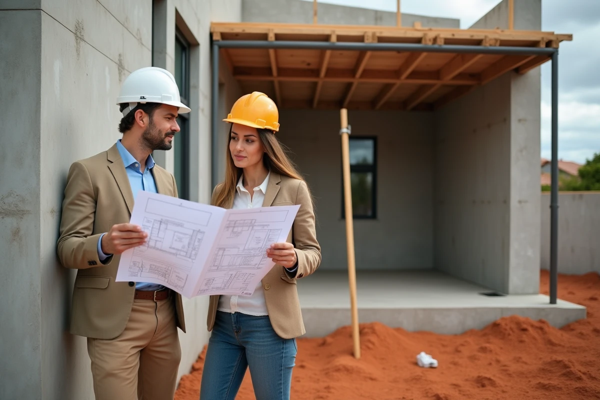 Couple d'investisseurs étudiant des plans architecturaux devant une villa en construction à l'île Maurice