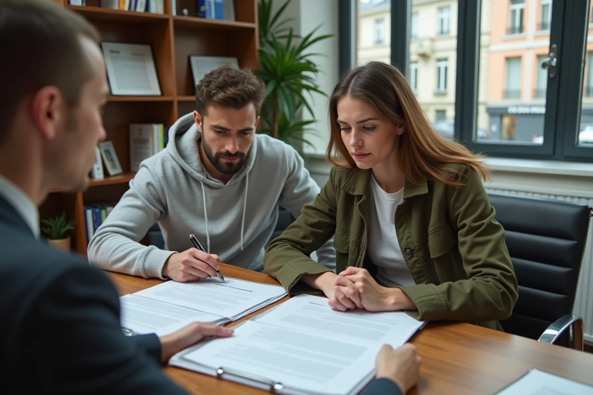 Jeune couple lisant attentivement des documents de contrat PSLA dans un bureau de notaire à Toulouse