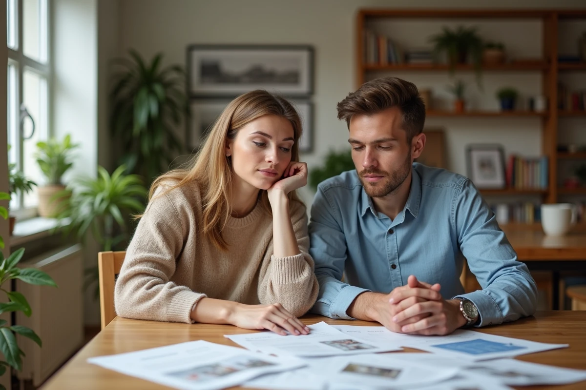 Couple regarde des contrats immobiliers dans un appartement lumineux