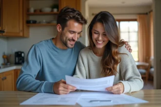 Jeune couple dans la cuisine examine des documents