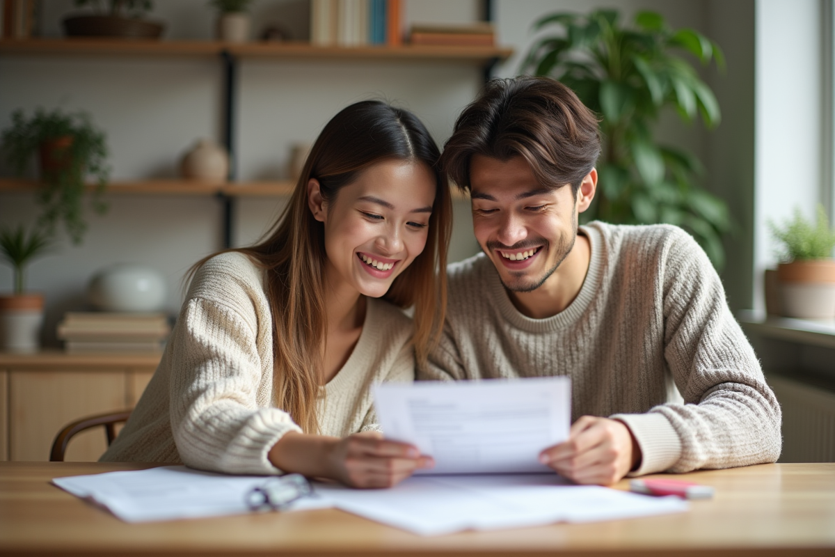 Jeune couple lisant des documents dans un appartement lumineux