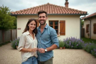 Couple souriant devant une maison avec jardin à louer à 600 euros par mois en zone périurbaine