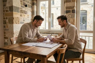 Couple examinant des plans d'appartement à Lyon lors d'une session de préparation au déménagement dans un appartement rénové
