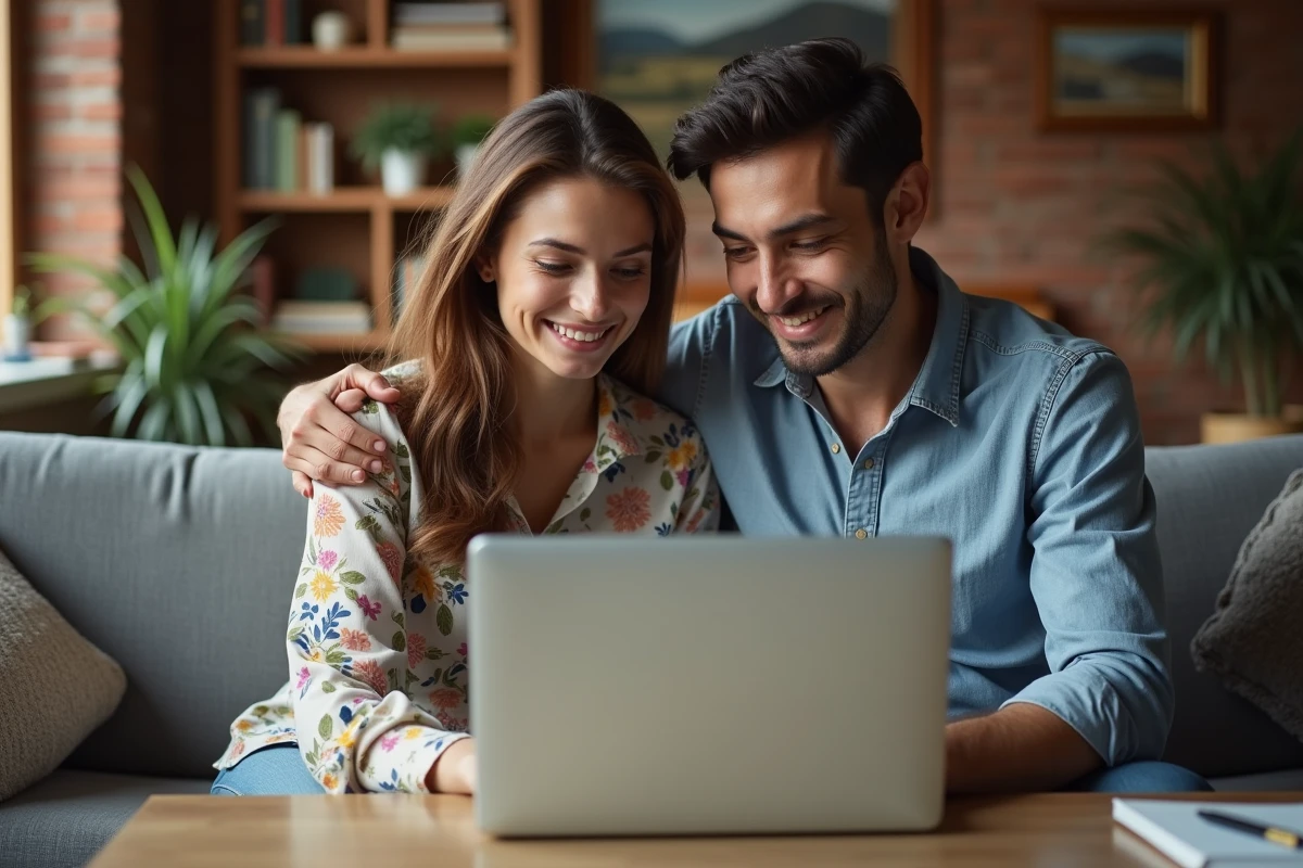 Couple recherchant une annonce immobilière optimisée sur un site web depuis leur salon