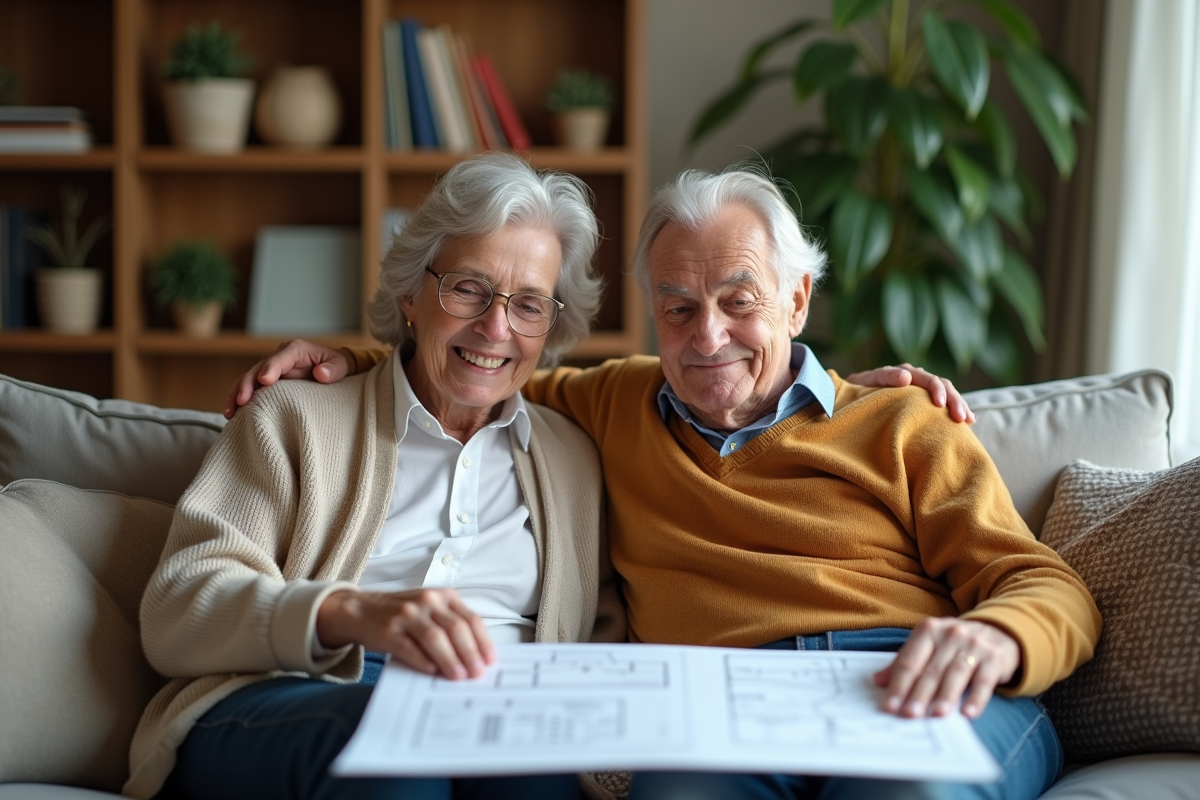 Vieux couple détendu sur un canapé dans un salon chaleureux