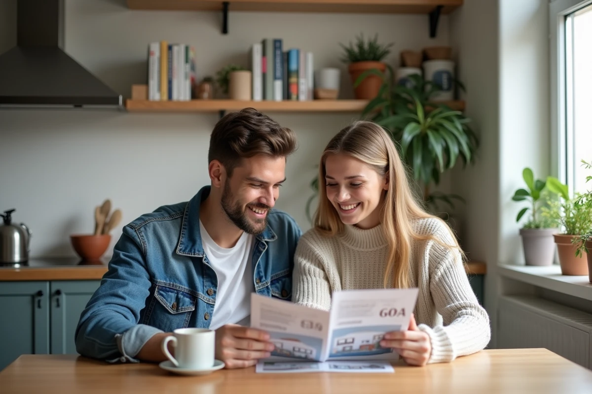 Jeune couple dans une cuisine avec brochures logement