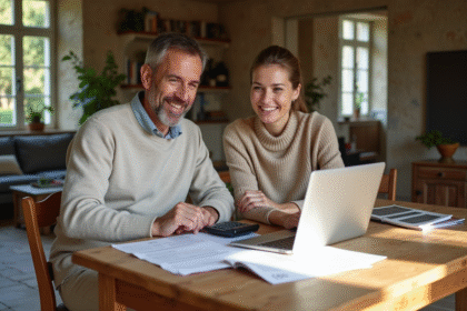 Couple souriant revoyant documents d'impots dans une maison de campagne