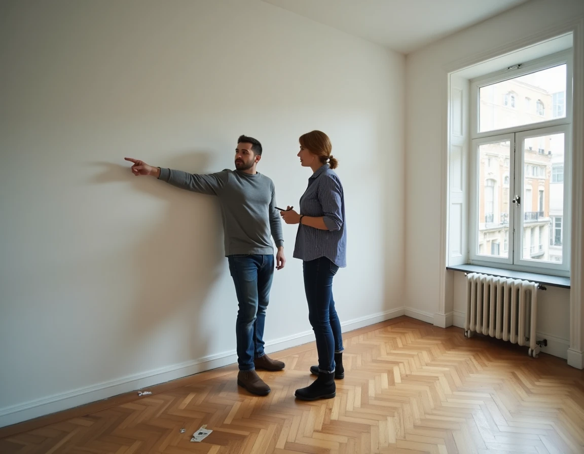 Couple en visite d'un appartement T3 vide examinant le séjour et la surface habitable