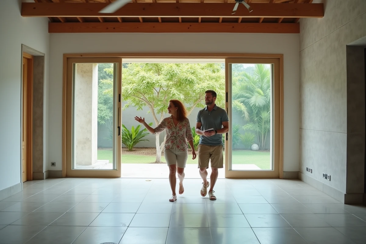 Couple européen visitant une maison à vendre en Thaïlande bon marché pour un investissement immobilier sans crédit bancaire local