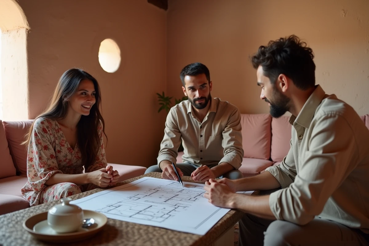 Couple visitant un riad en rénovation à Marrakech lors d'une négociation de prix d'achat immobilier