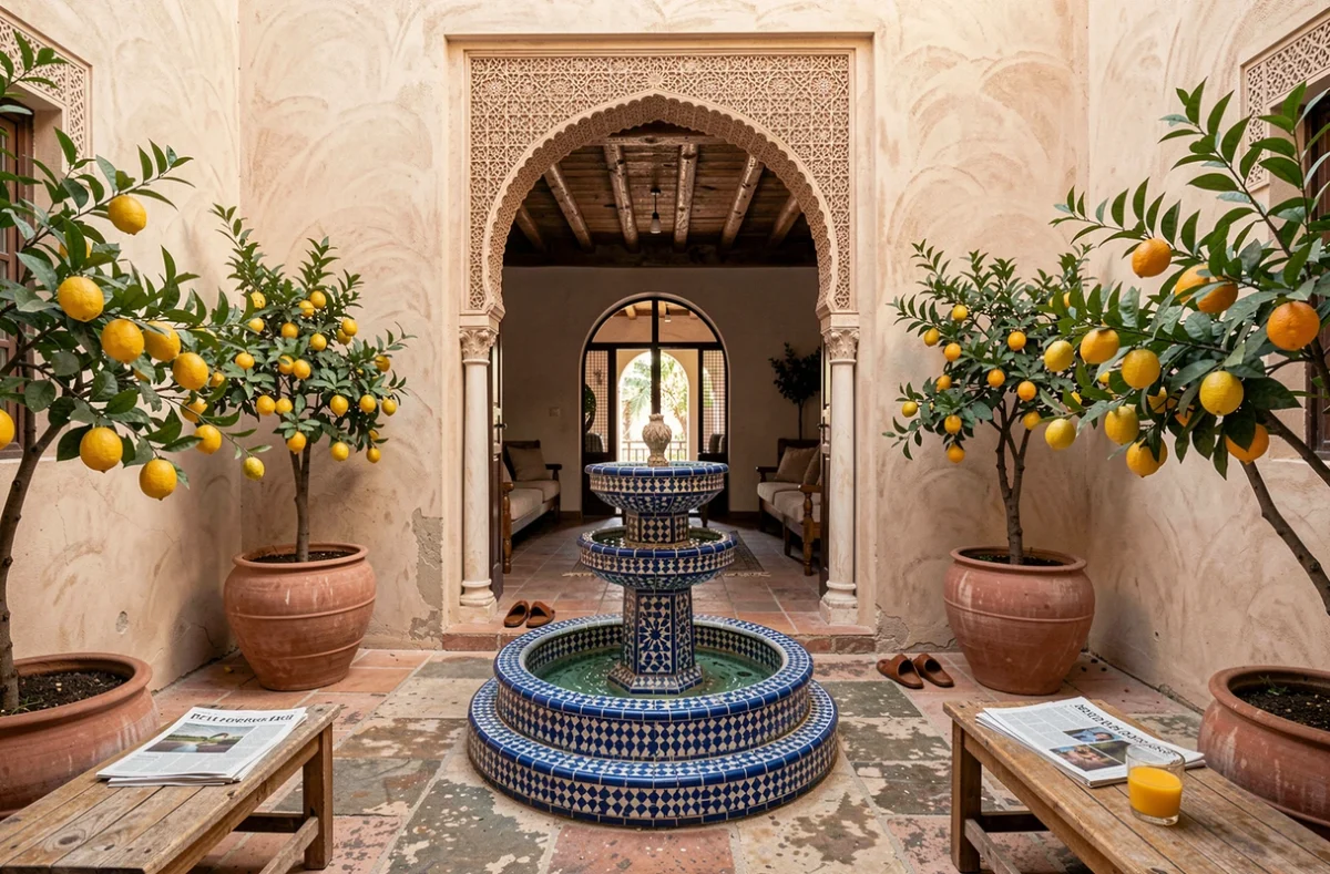 Cour intérieure d'une villa marocaine à Marrakech avec fontaine en zellige, arbres fruitiers en pot et arche en stuc sculpté évoquant une résidence principale