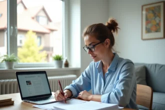 Femme consultant un dossier de demande de logement Cileo sur son bureau à domicile
