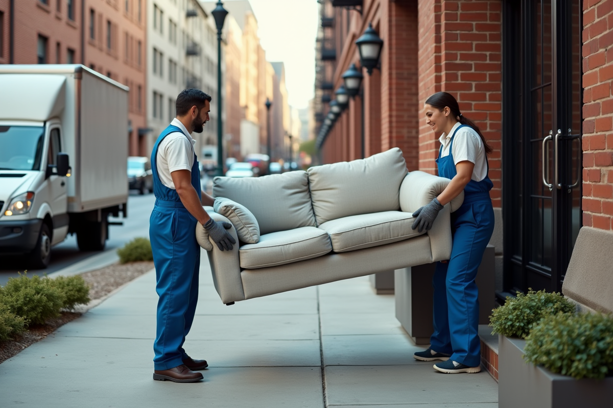 Déménageurs portant un grand canapé devant un immeuble en ville