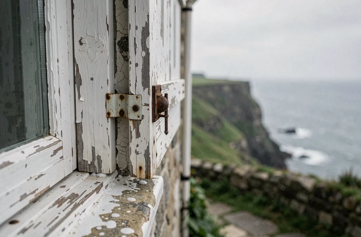 Détail d'un encadrement de fenêtre dégradé sur une maison normande en bord de mer révélant les risques liés à l'humidité côtière
