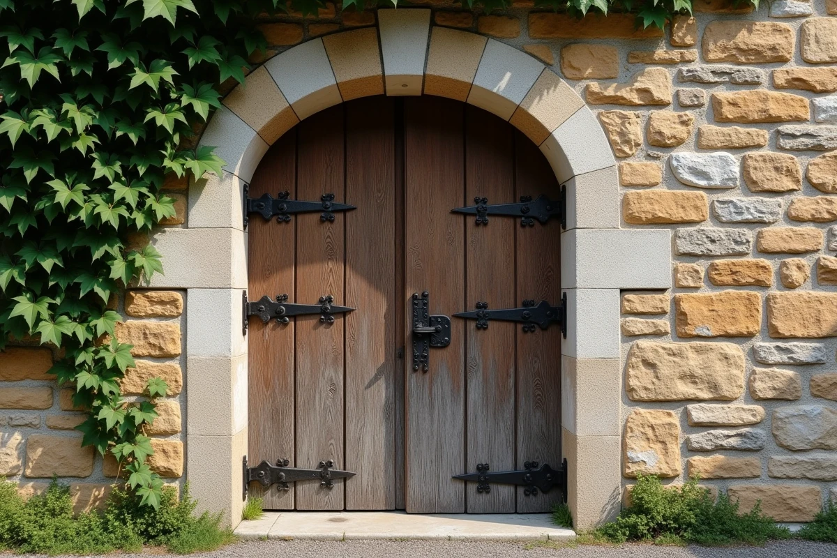 Détail architectural d'un portail en pierre de granit avec porte en chêne ancienne et ferronnerie forgée d'une longère normande