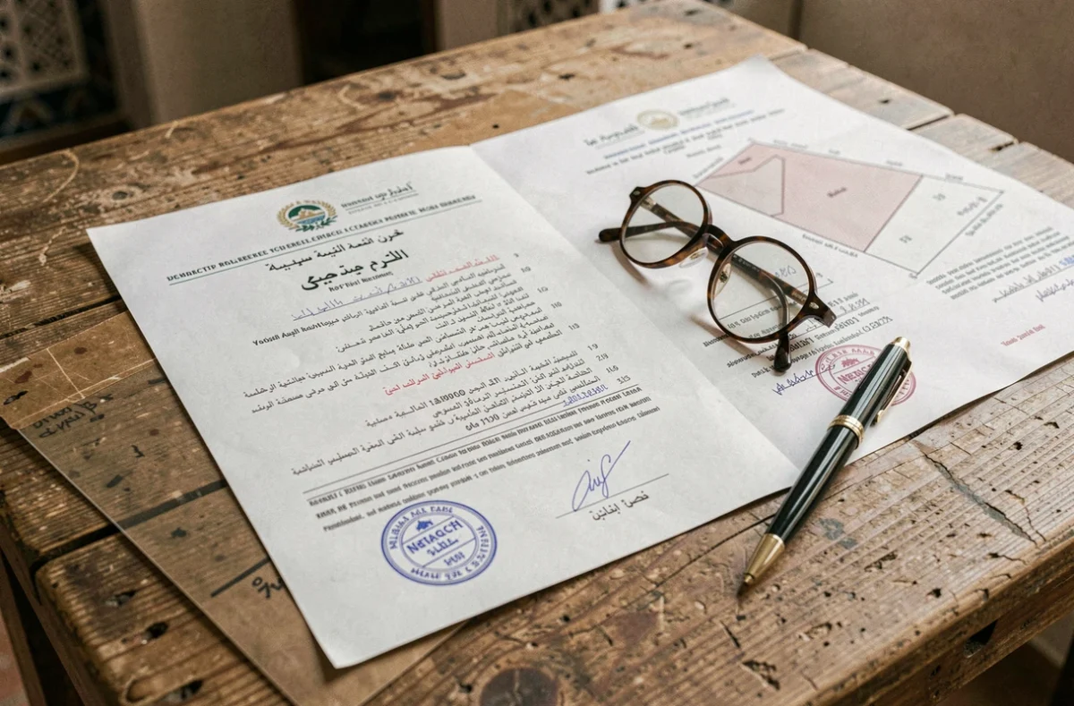 Documents officiels d'achat immobilier marocain incluant titre foncier, plan cadastral et certificat notarial pour un riad à Marrakech