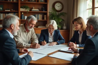 Famille réunie autour d'une table avec des documents notariaux pour une donation de terrain entre membres de la famille