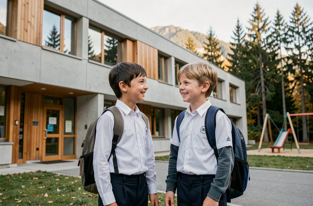 Enfants en uniforme scolaire devant une école moderne en Andorre au cadre montagneux