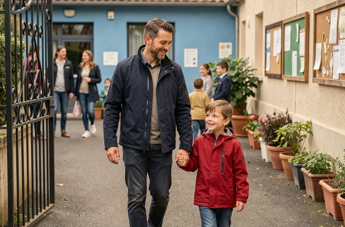 Père accompagnant son enfant à l'entrée d'une école primaire dans le quartier nord de Villeneuve-Saint-Georges