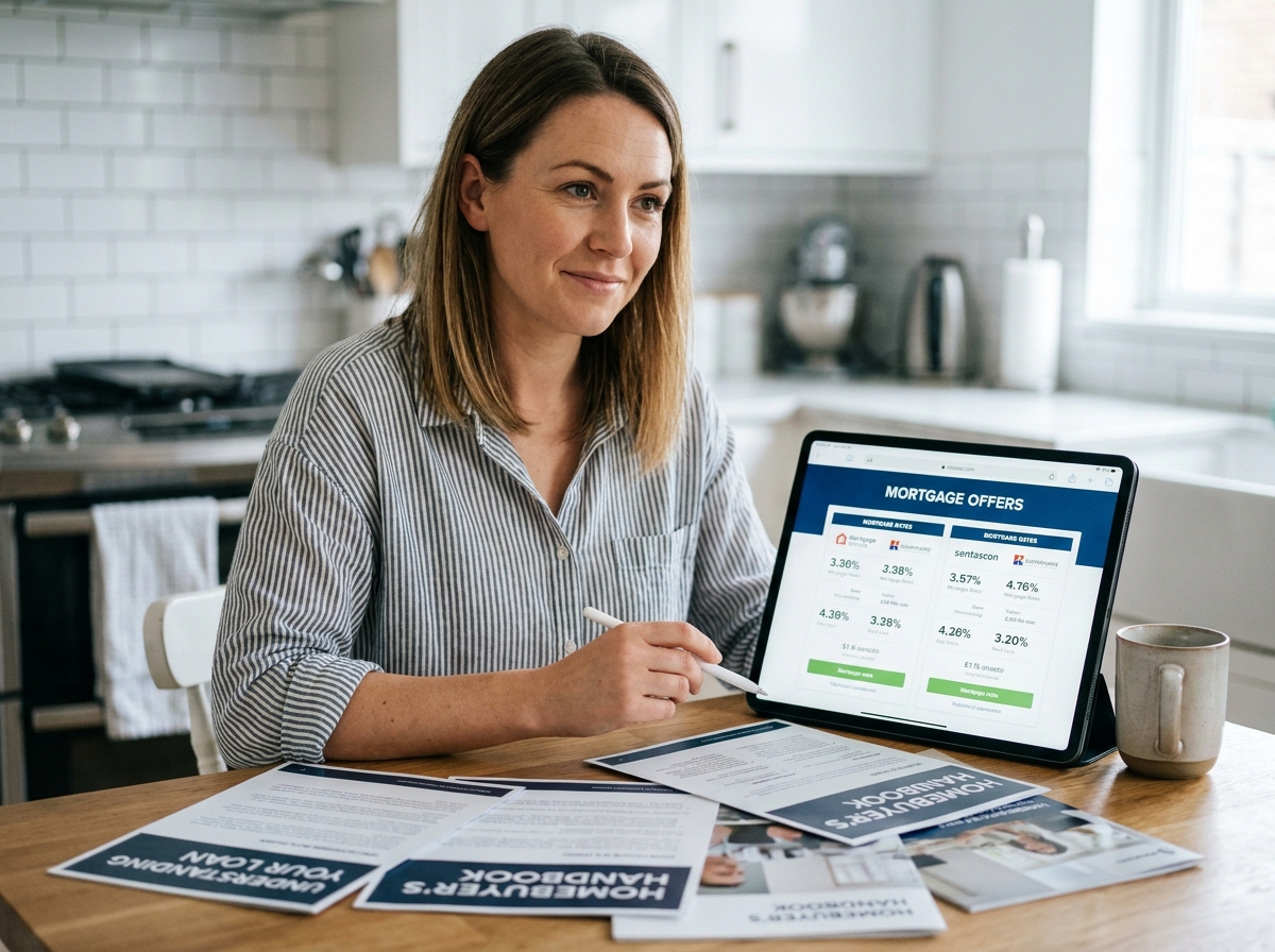 Une femme compare des offres de prêt immobilier sur la plateforme Empruntis à l'aide d'outils pédagogiques depuis chez elle