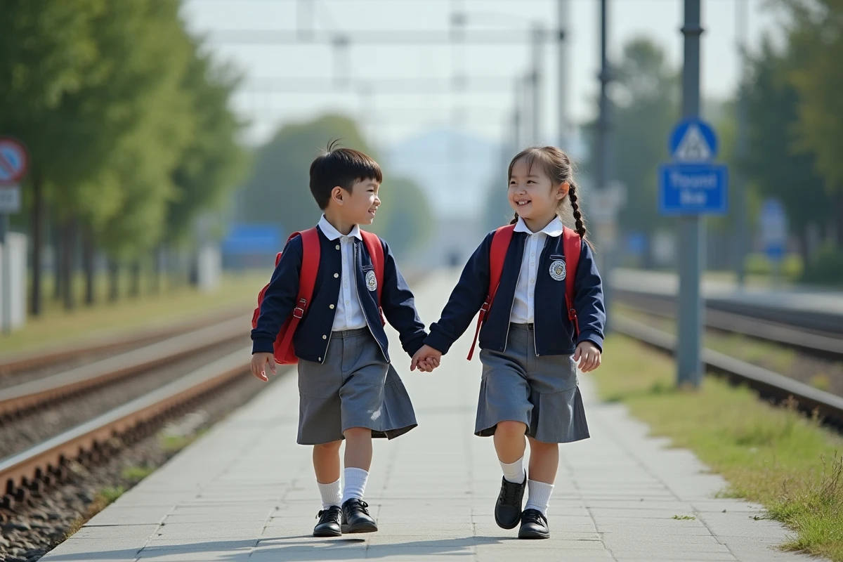 Enfants souriants marchant vers la gare en uniforme scolaire