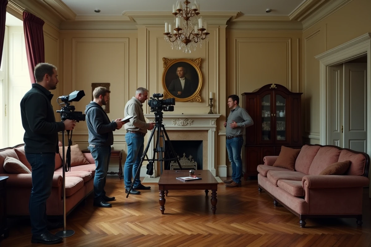 Équipe de tournage inspectant un salon vintage dans une maison particulière lors d'un repérage