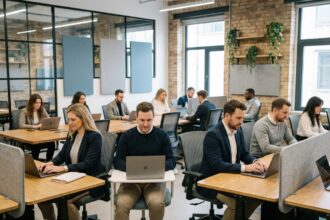 Groupe de professionnels dans un bureau moderne et ouvert