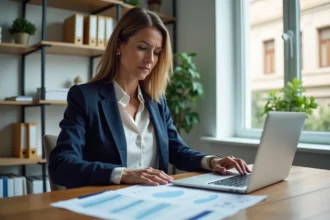 Femme consultant une estimation immobilière en ligne sur ordinateur portable dans un bureau à domicile