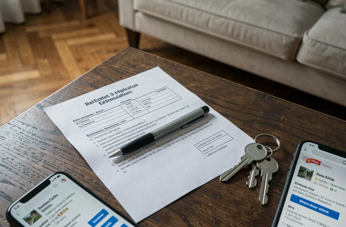 Estimation immobilière imprimée avec clés de maison et smartphone sur table, préparation à la vente urgente cause divorce 77