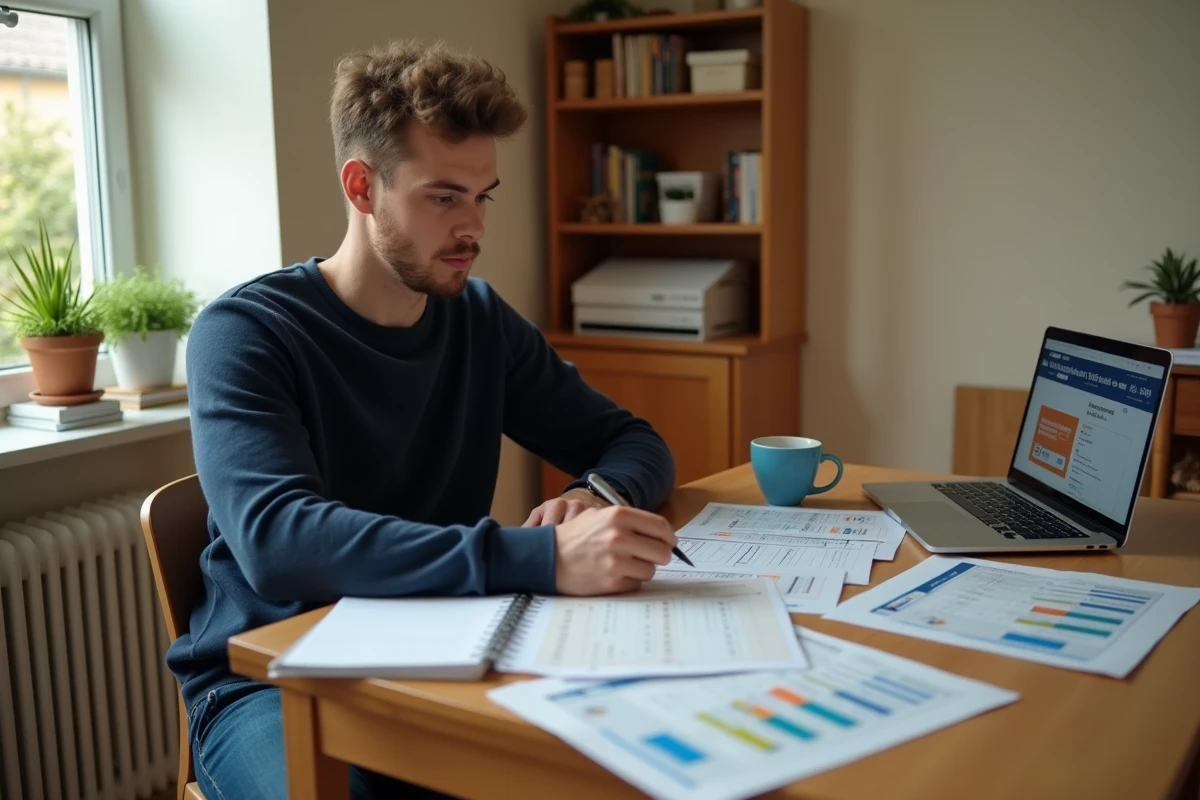 Étudiant comparant des offres de prêt immobilier sur son ordinateur avec des documents financiers étalés sur la table