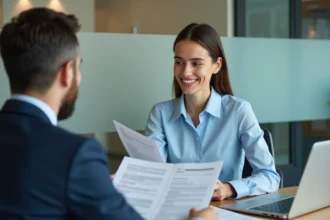 Jeune étudiante en rendez-vous avec un conseiller bancaire pour discuter d'un prêt immobilier